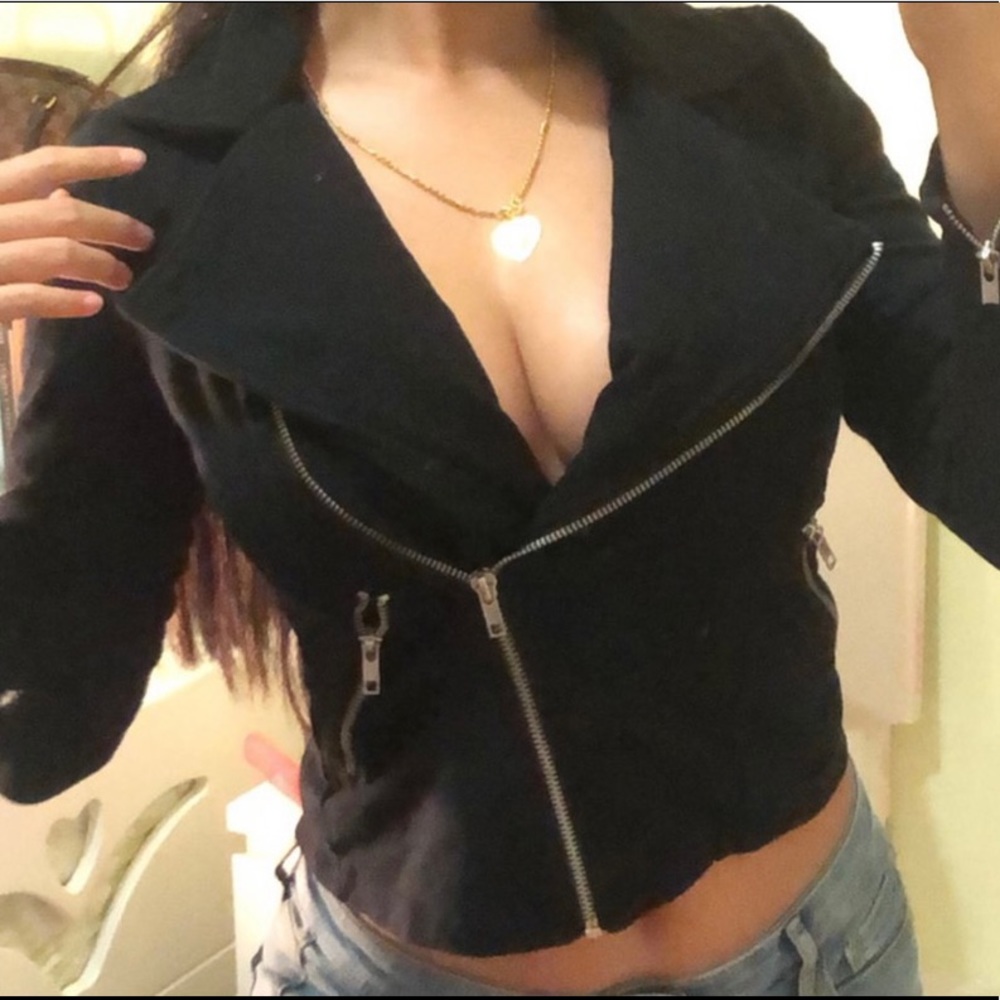Black cropped cotton biker jacket